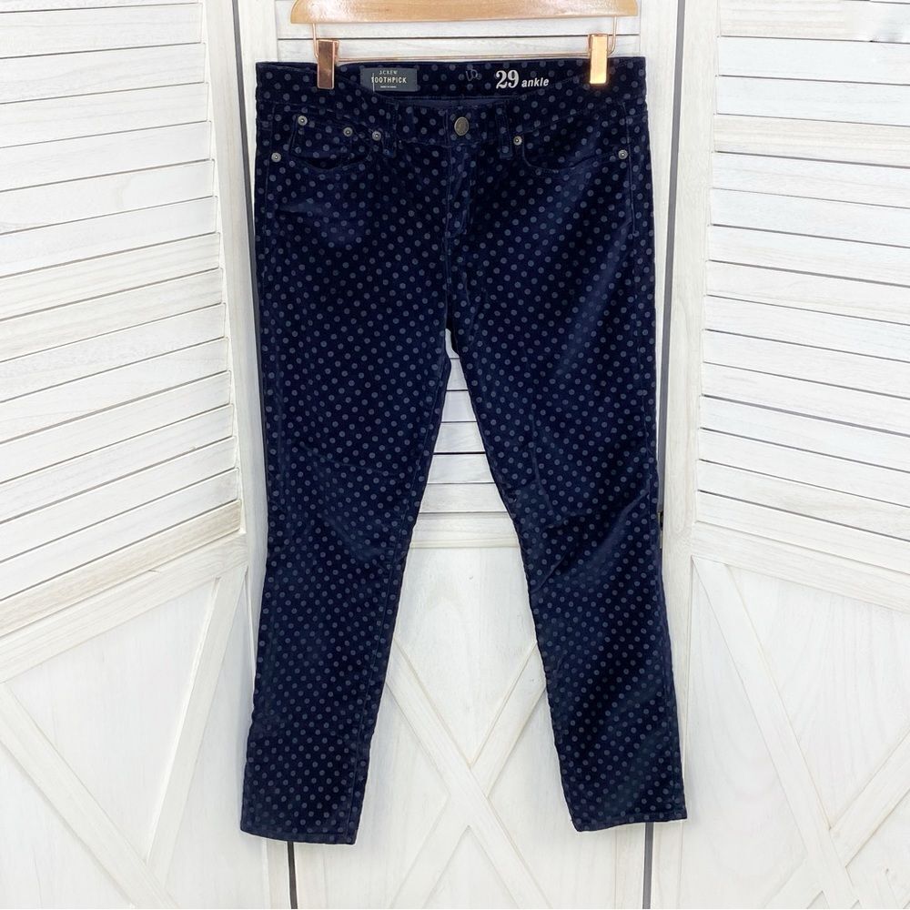 J.‎ Crew Velvet Polka Dot Toothpick Ankle Pants Navy Blue 29 Skinny Preppy